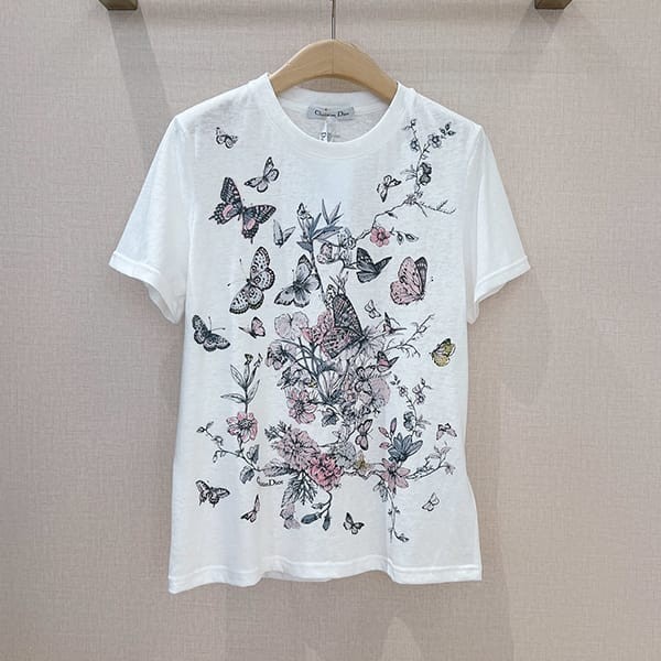 送料込ディオール 蝶×花柄 Tシャツ 偽物 トワル ドゥ ジュイ メキシコ コットン 2色 dek64390